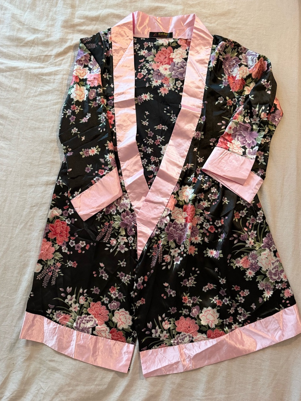 Floral Satin Kimono Robe Pink Black Cottagecore Loungewear